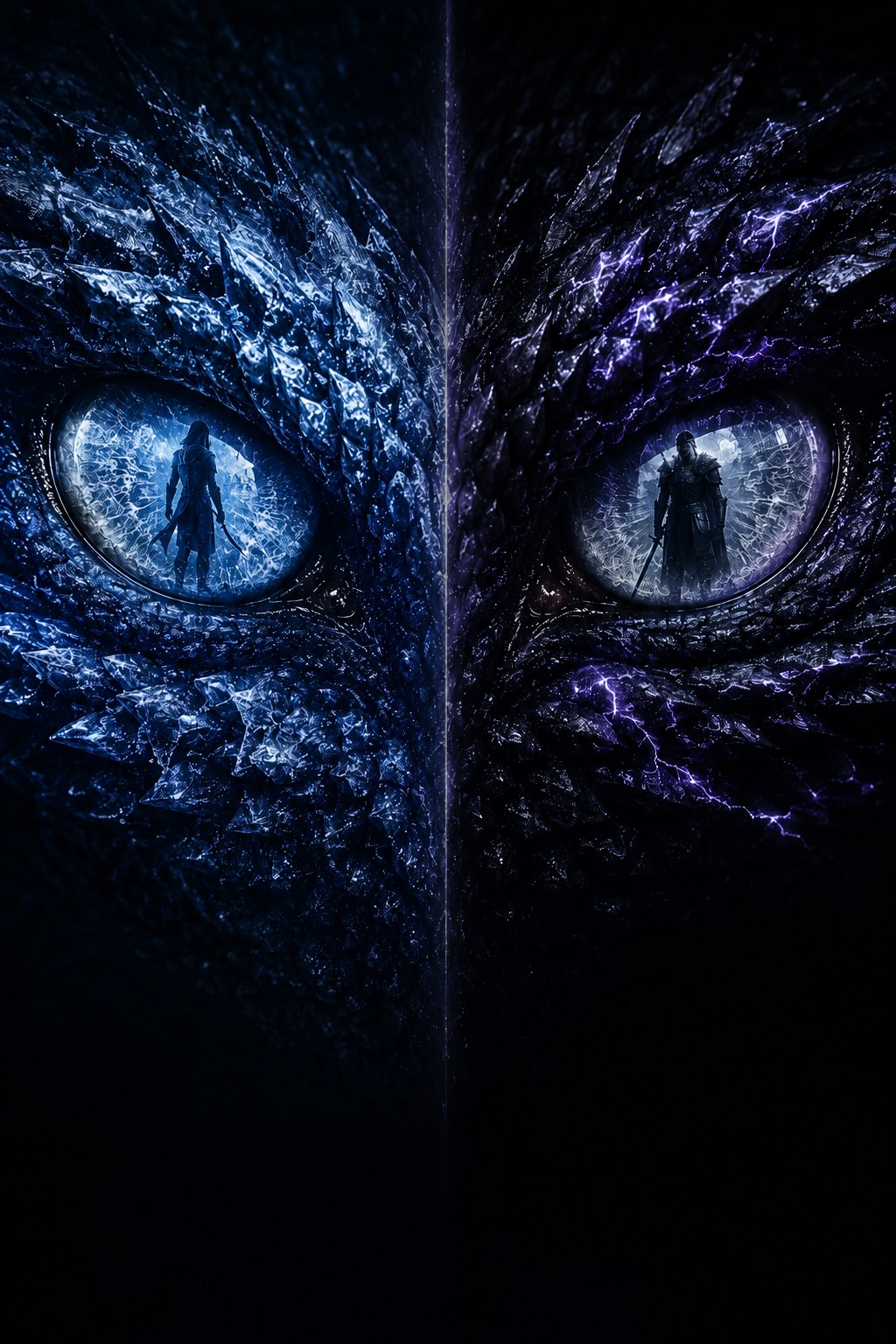 Two dragon eyes, one icy blue and one violet, each holding a warrior in its pupil