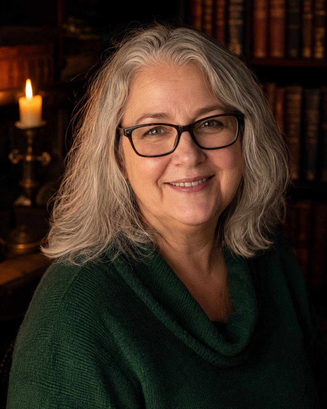 Mira Nightwing, author portrait in a candlelit library